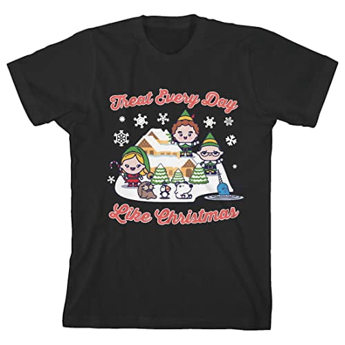 Elf Movie Treat Every Day Like Christmas Chibi Style Elves Youth Black Graphic Tee-Medium