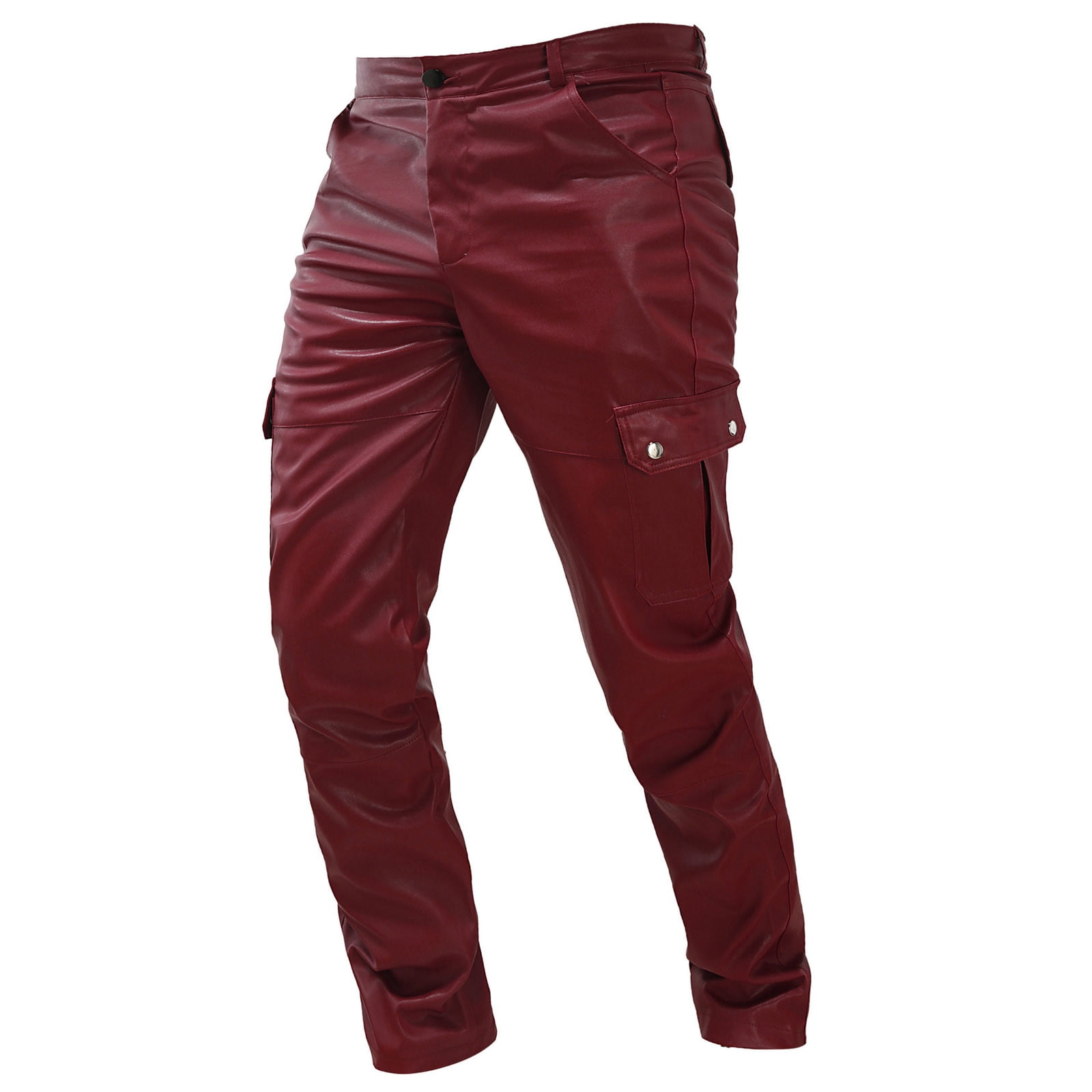 cllios Men's Faux Leather Pants Steampunk Goth Pants Multi Pockets Slim Fit Leather Pants Trousers for Men Motor Biker Hip Hop Trousers Red M