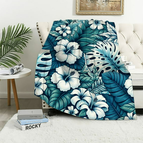 JRXY Hawaiian Tropical Hibiscus Flannel Fleece Blanket White