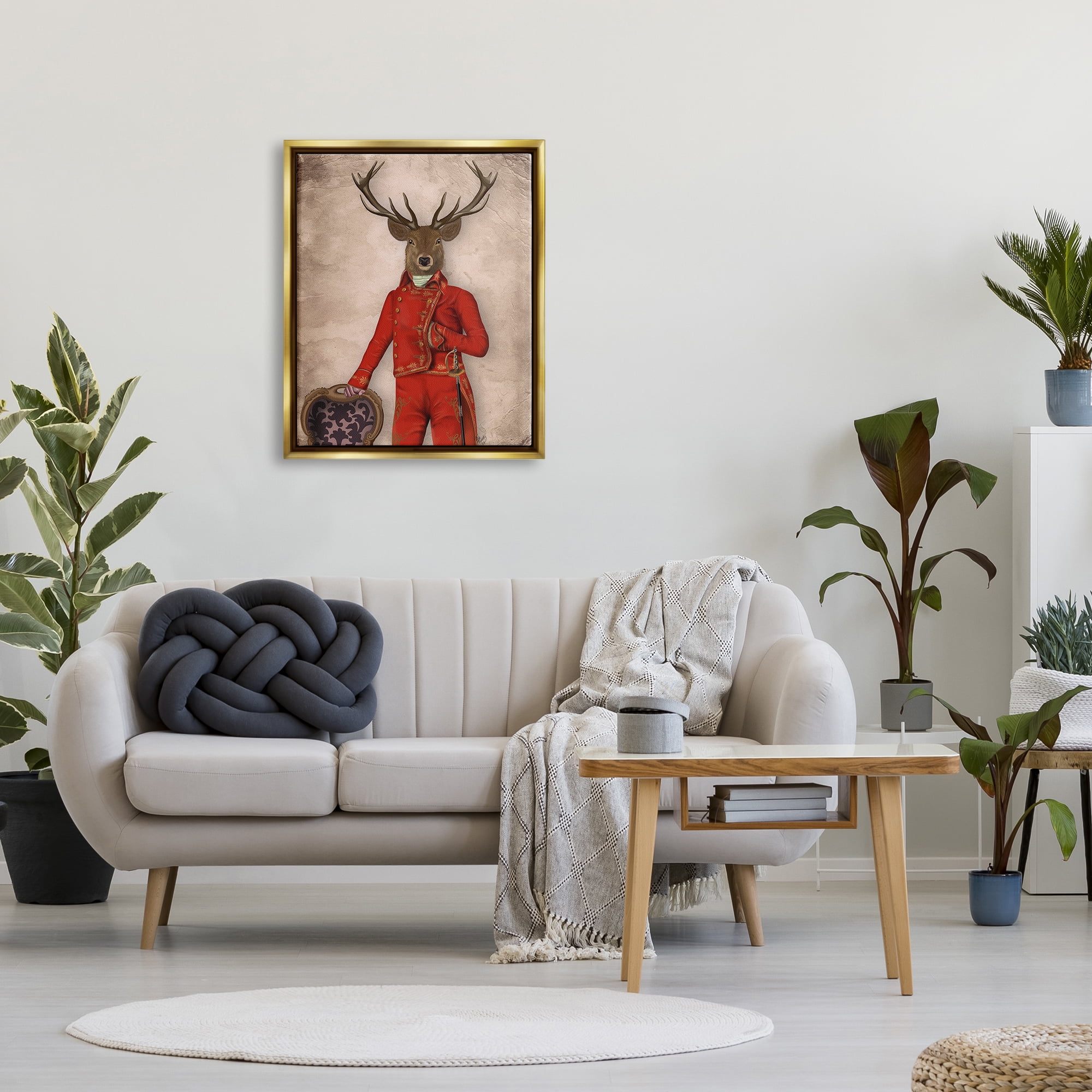 Stupell Industries Fancy Elk in Red Suit Animals & Insects Painting Gold Floater Framed Canvas Art Print Wall Art, 25 x 31