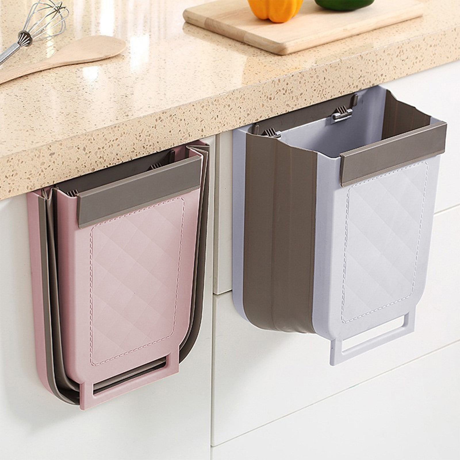 Grey Wall Mounted Foldable Trash Can Hanging Kitchen Bathroom Telescoping Storage Bin No Drill Mount Collapsible Garbage Bin Grey
