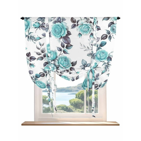 Aqua Rose Tie Up Curtains for Windows 63 Inch Length Balloon Curtains Kitchen Adjustable Balloon Window Shade Rustic Romantic Botanical Floral Vines Art Tie Up Valance Bathroom Curtain Window 42"x63"