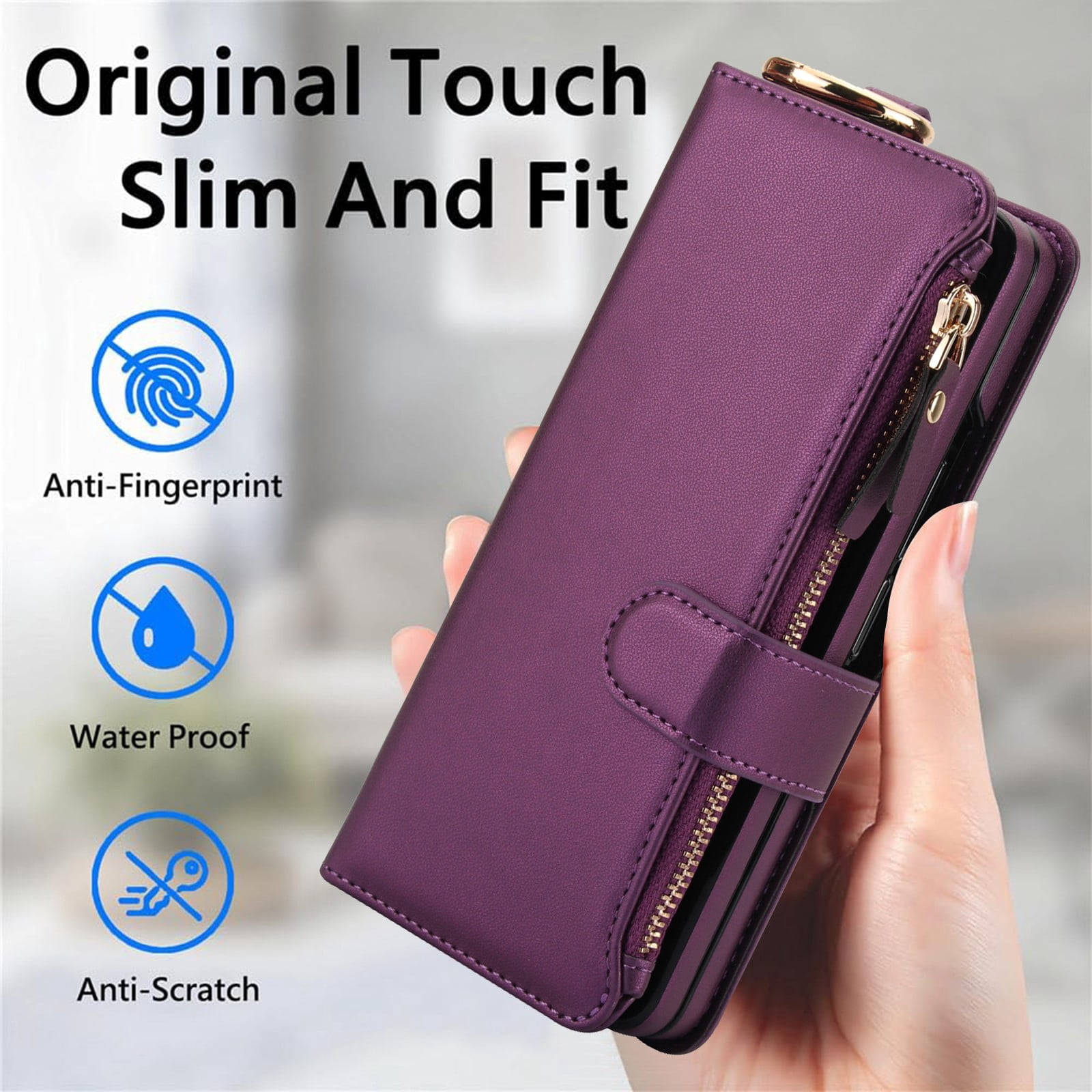 ELEHOLD For Samsung Galaxy Z Fold 4 Phone Case Leather Crossbody Zipper Card Wallet Flip Case Kickstand Cover, with Ring Holder,Full Body Protection-Deeppurple
