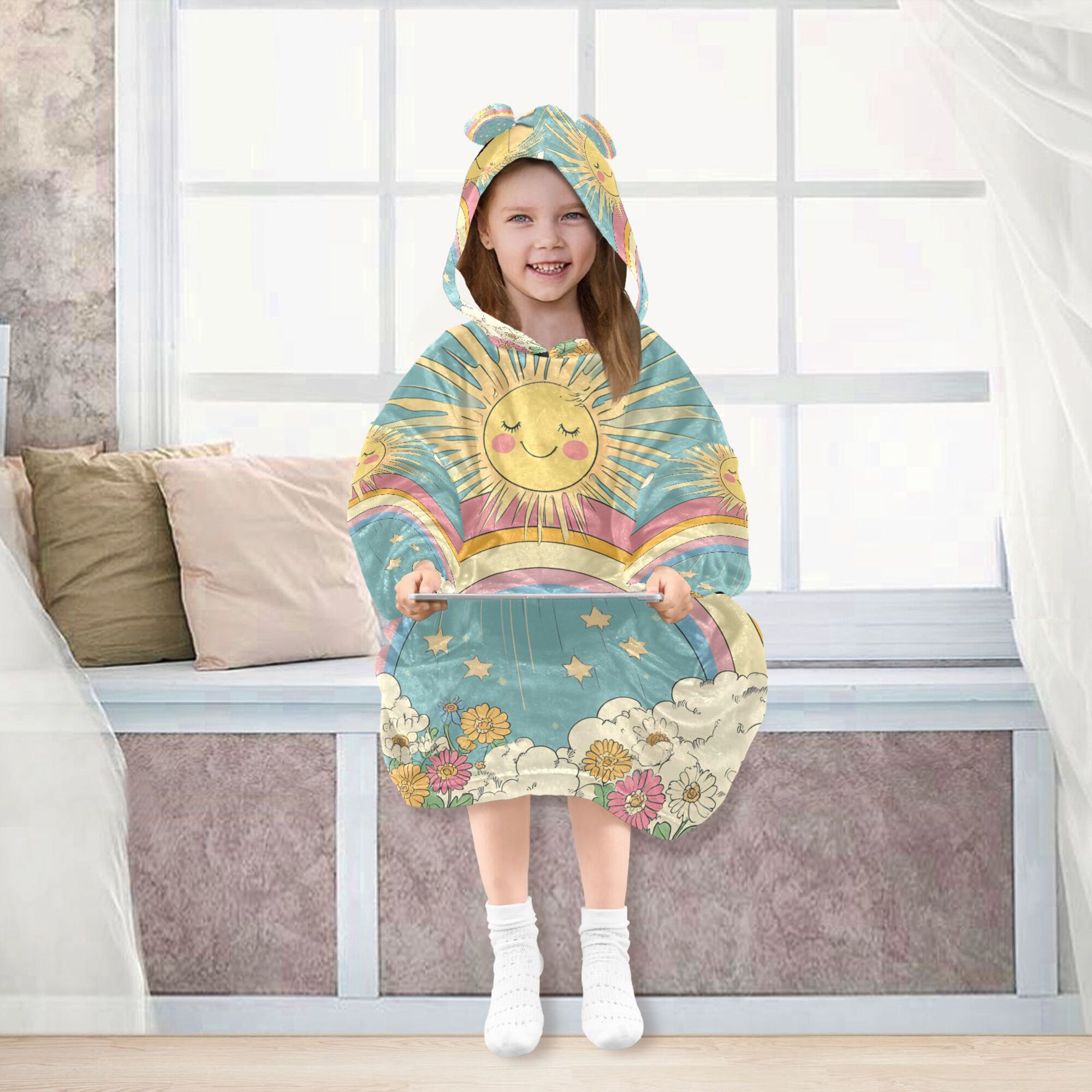 FORMRS Wearable Blanket Hoodie with Sleeves for Kids Cozy Flannel Sweatshirt, Retro Beige Rainbow