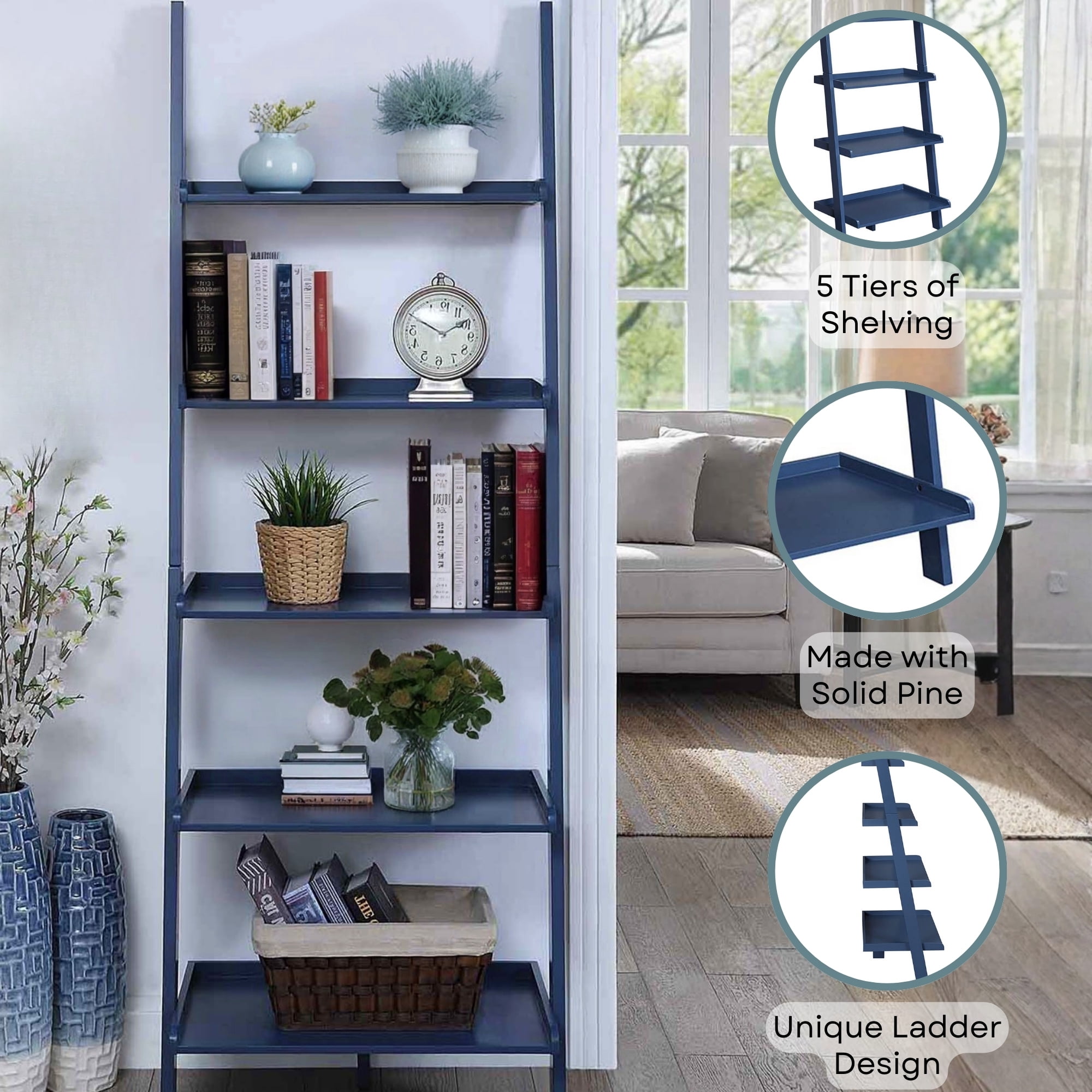 Convenience Concepts American Heritage 5-Shelf Ladder Bookcase, Cobalt Blue