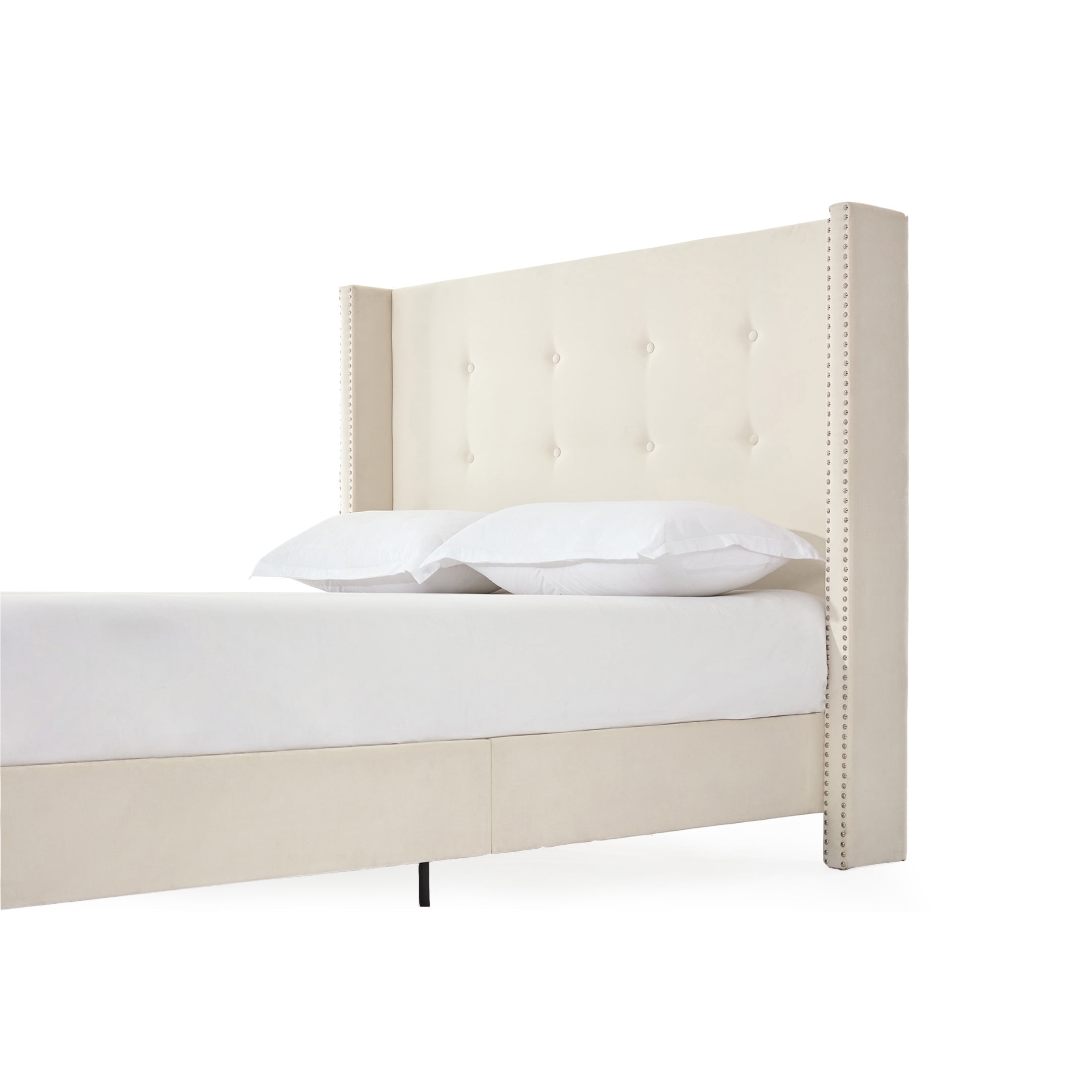 Noble House Peyton Indoor Button Diamond Tufted Velvet Upholstery King Bed with Wingback, Ivory