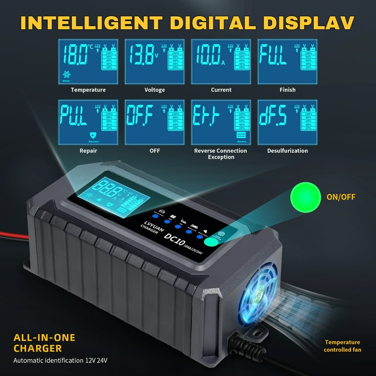 LVYUAN 12V/24V Smart Battery Charger - 5A/10A/20A, For Car, Truck, Motorcycle, AGM, Lithium