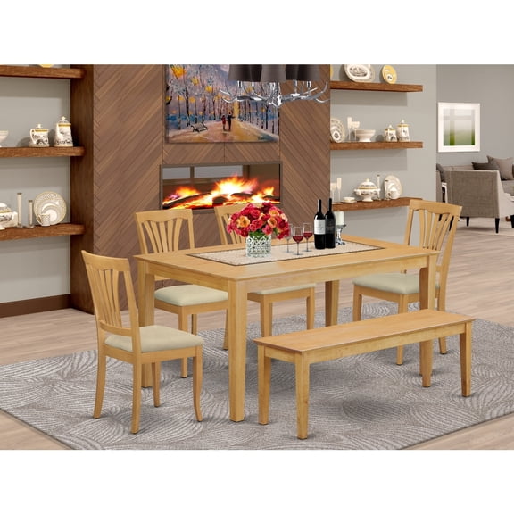 Dining Room Set 6 Piece Table & Chairs Bench - Oak Finish Kitchen Set 36x60 Inch