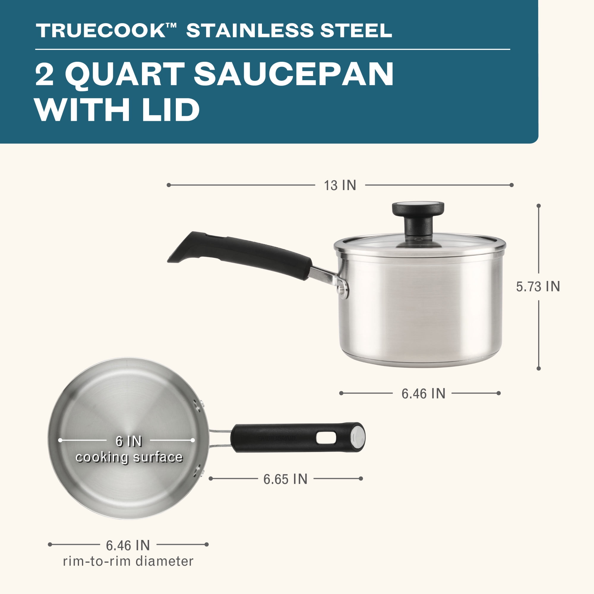 Farberware TrueCook Stainless Steel Induction Saucepan with Lid, 2-Quart, Silver