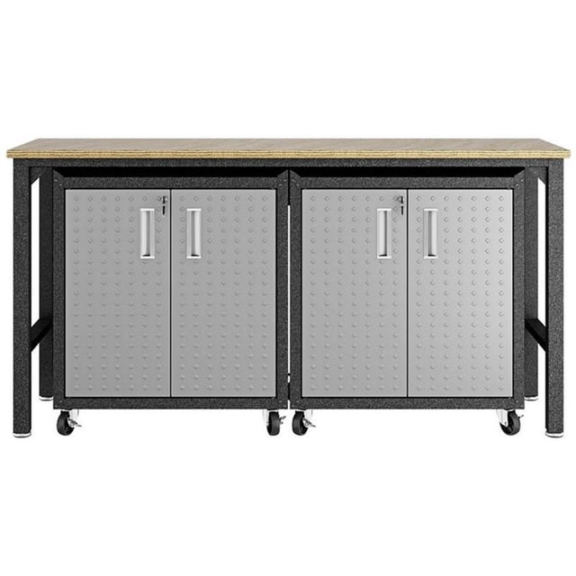 Pemberly Row Ensemble Moderne de 3 Pcs Armoire de Garage en Métal et Table de Travail en Gris