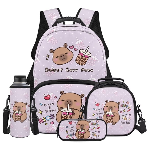 KUIFORTI Brown Capybara School Bag Set 4Pcs for Kids Elementary Primary Middle School Students Boys Girls Backpack with Lunch Box Pencil Case Water Bottle Sleeve Back to School Essentials Gifts
