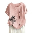 thumbnail image 2 of FloHua Womens Blouses Short Sleeve Round Neck Pink Blouses for Women Flower Print Button Front Fashion Women Summer Loose Casual Tops, 2 of 3