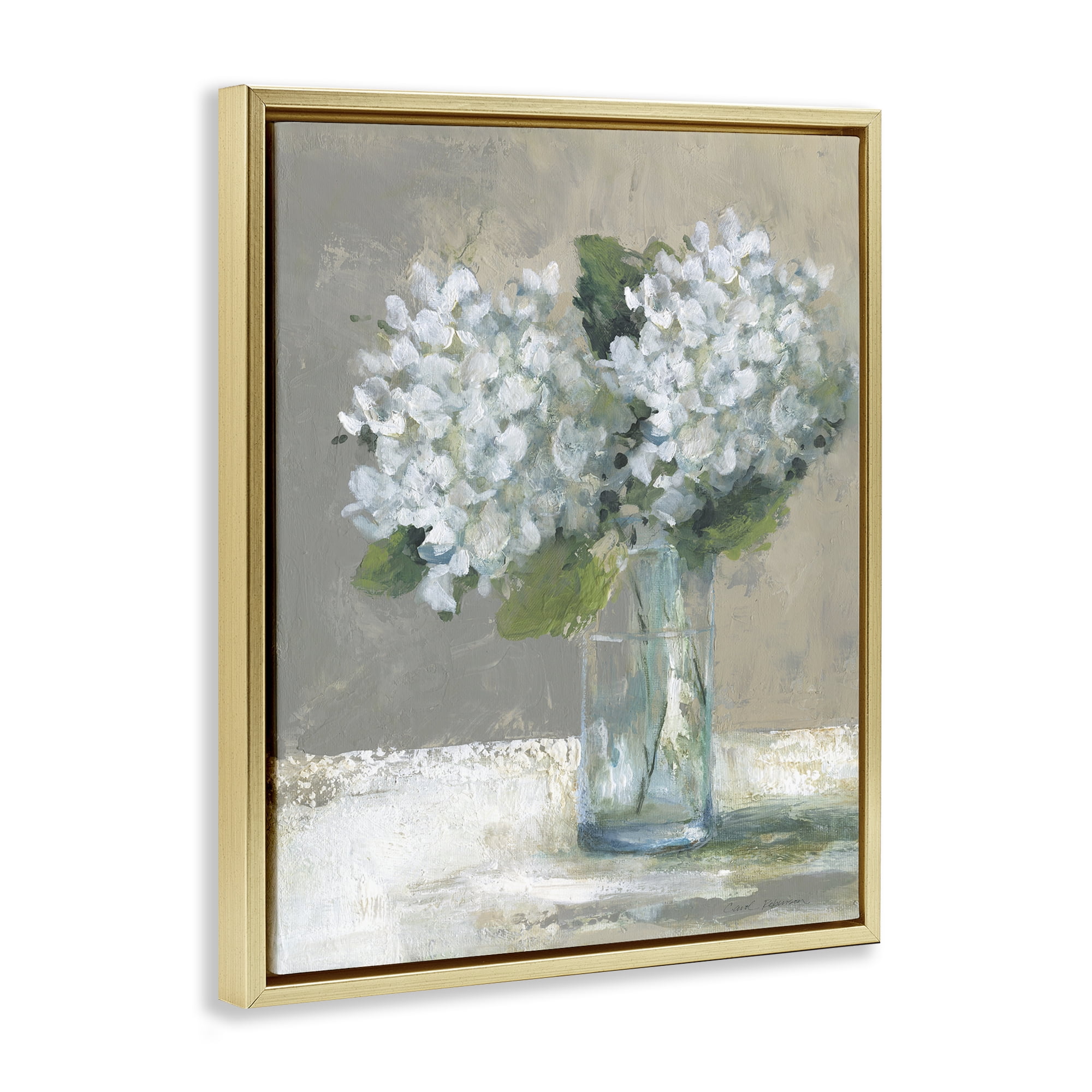 Stupell Industries White Hydrangeas Glass Vase Gold Framed Floater Canvas Wall Art, design by Carol Robinson