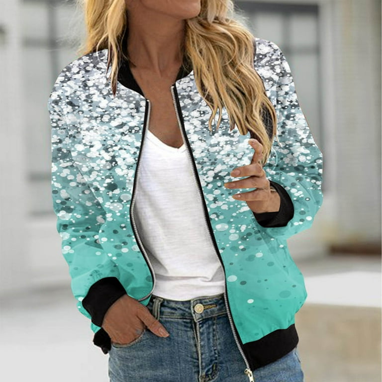 QATAINLAV Fall Jackets for Women Trendy Casual Floral Print Zip Up