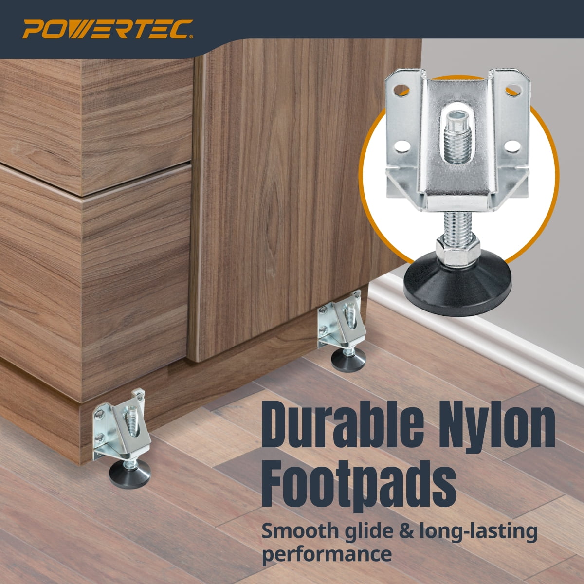 POWERTEC 4PK Leveling Feet Heavy Duty Adjustable Furniture Leg Levelers with Nylon Foot, Screws & Lock Nuts for Workbenches, Cabinets, Tables & Shelving (71136)