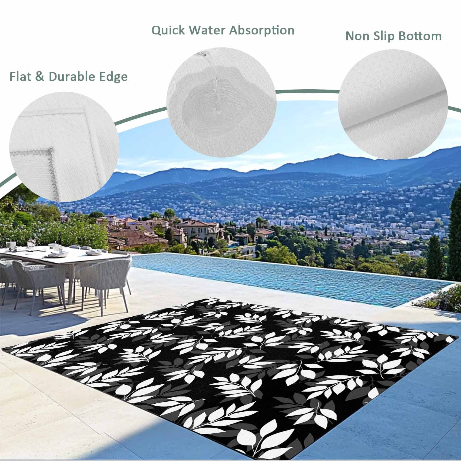 White Leaves Outdoor Rug 5x8 Ft - Reversible Patio Rug Outdoor Camping Rugs, Black Vintage Spring Botanical Leaf Plants Indoor Outdoor Area Rugs, Non-Slip Outdoor Carpet Runner for Deck/Porch