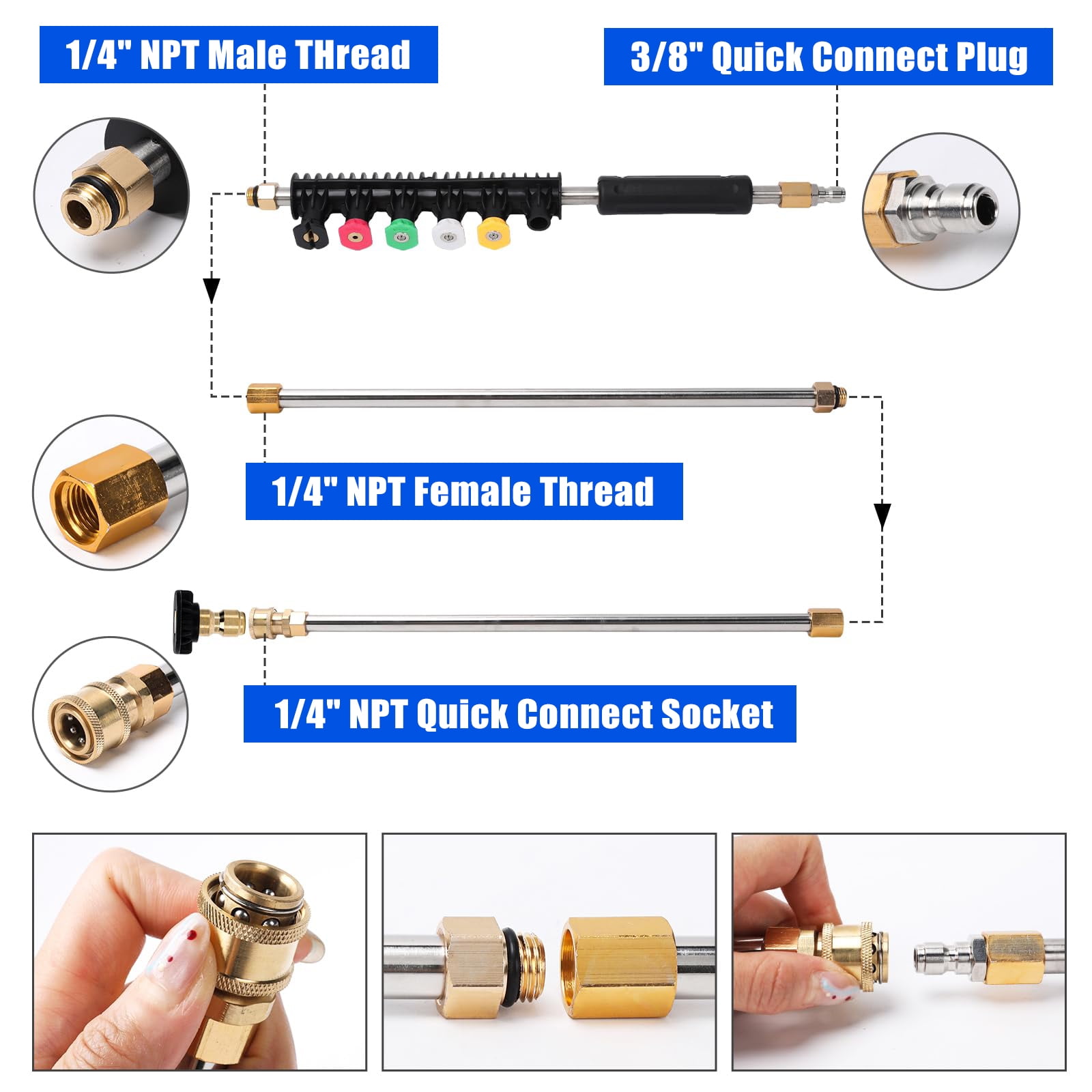Pressure Washer Extension Wand Upgrade, 9 Pack Power Washer Lance with 6 Nozzle Tips, 30°,90°,120° Curved Rod, 1/4" Quick Connect, 4000 PSI