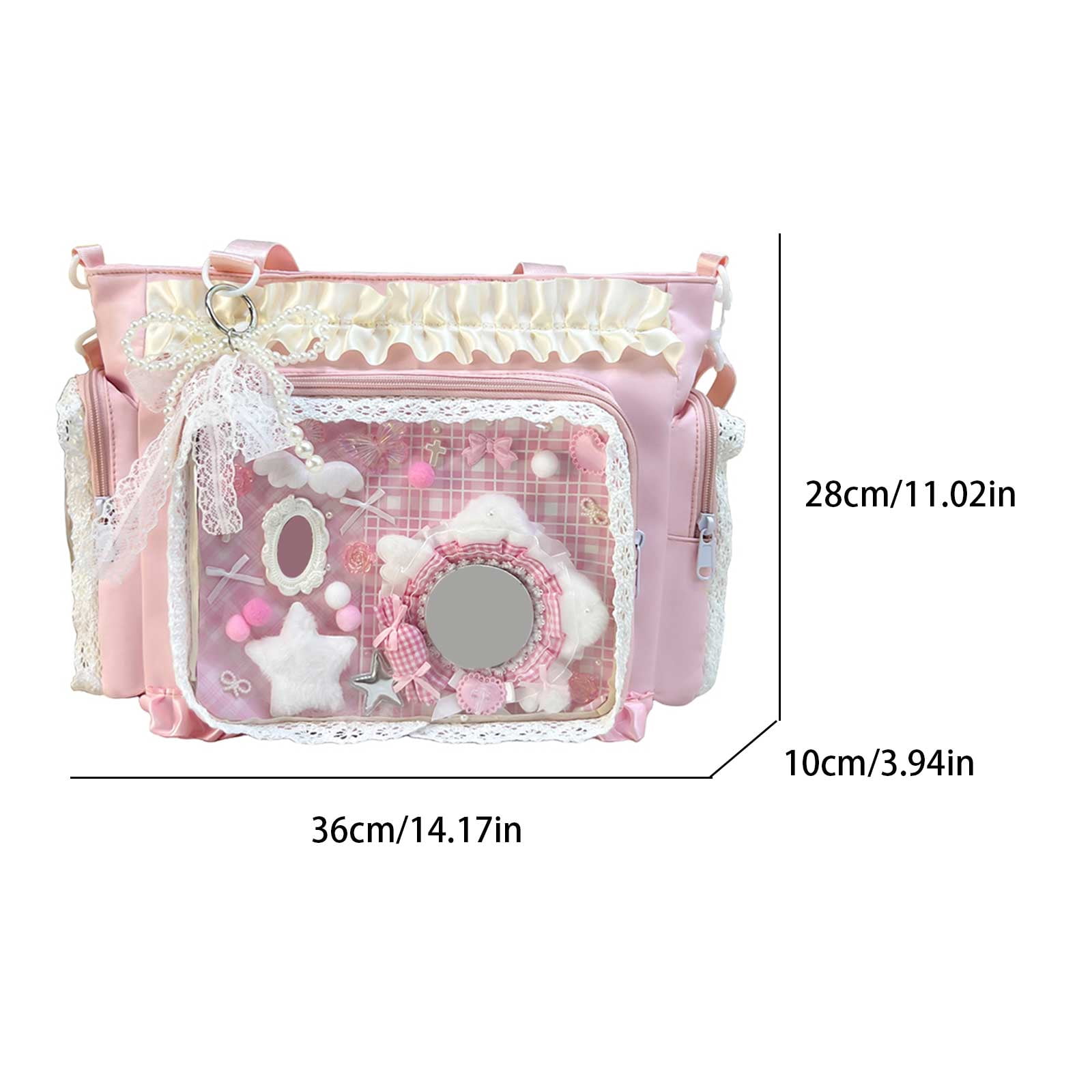 HUISZJ Transparent Square Ita Bag, Lolita Messenger Bag with Zipper & Pendant, DIY Badge Crossbody Bag Student Tote Bag for Shopping Travel Work Daily (Pink)