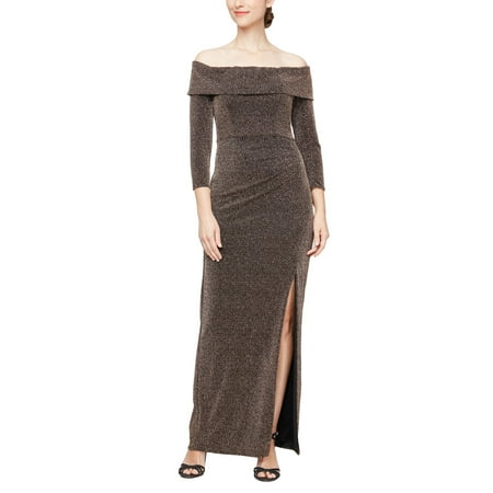 Alex Evenings Long Metallic Knit Off-the-Shoulder Dress w/F Long Sleeves & Leg Slit (Womens, Black/Copper, 16)