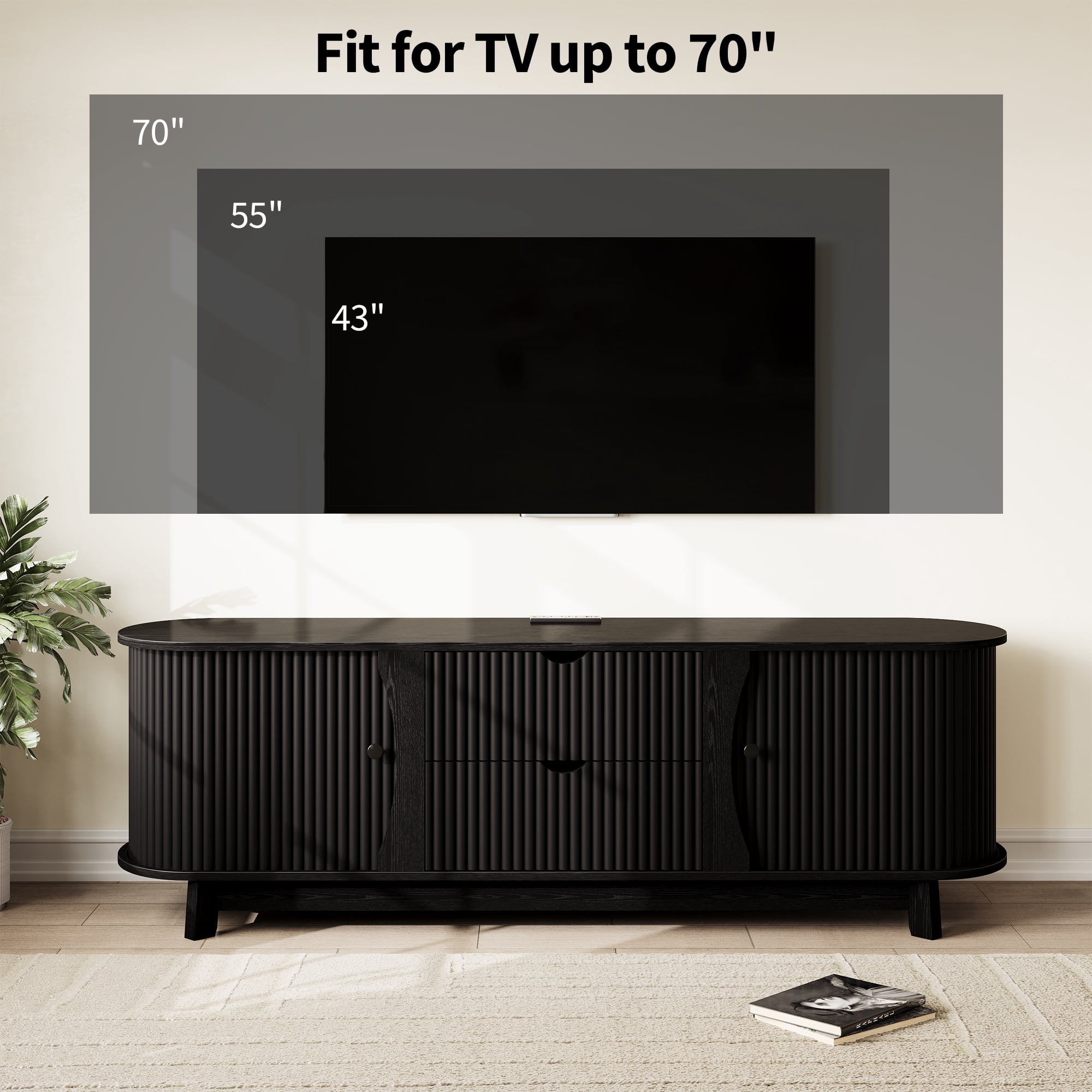 Garvee 63" Fluted TV Stand for TVs Up to 70 Inch, Modern Entertainment Center with Power Outlet, 2 Drawers, Side Cabinets with Adjustable Shelves, Curved Media Console Table for Living Room, Black