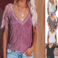 thumbnail image 4 of Womens Summer Eyelash Floral Lace Splicing Short Sleeve Tee Top Sexy Deep V-Neck T-Shirts Casual Loose Blouse Streetwear Black S, 4 of 4