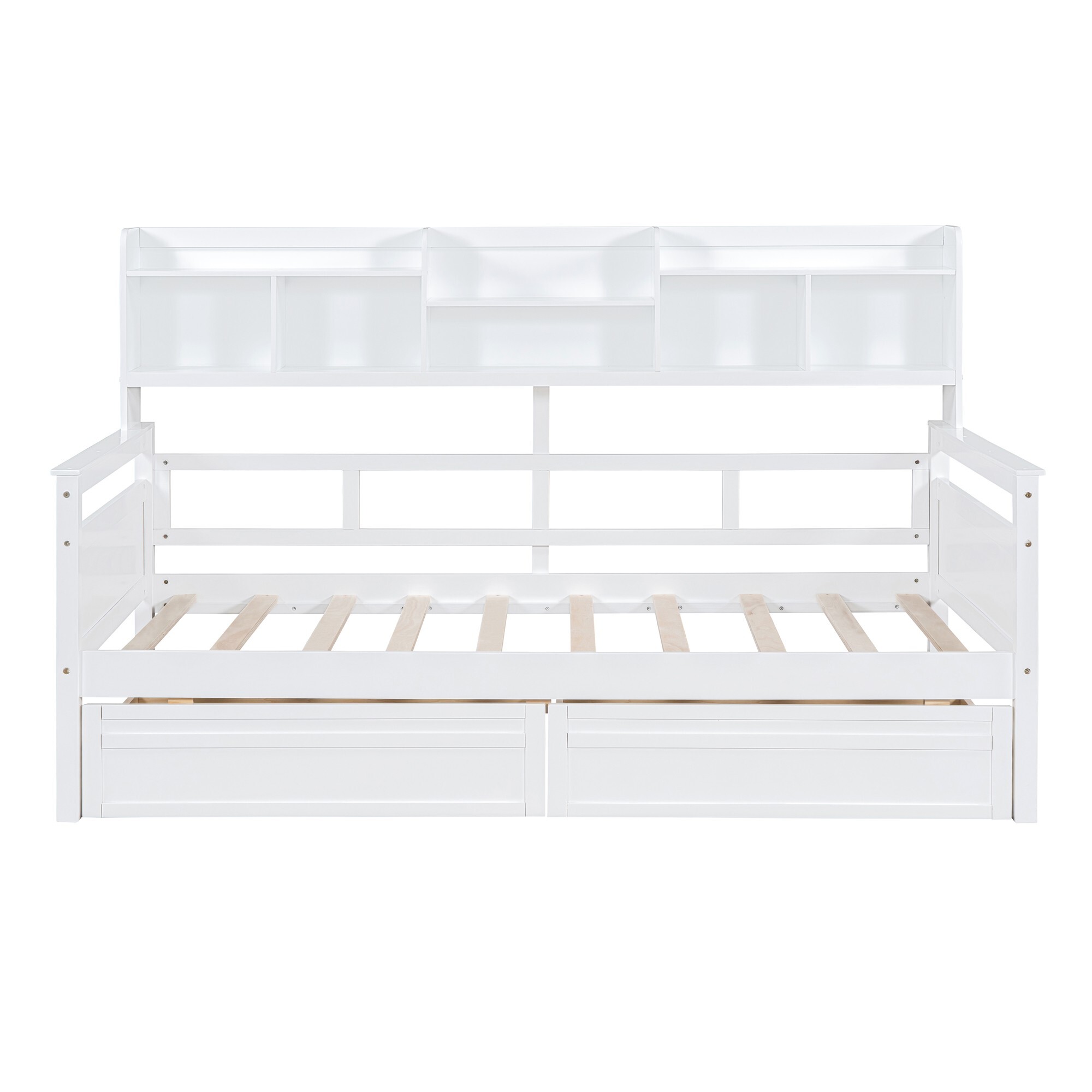 AENKYO Twin Size Wooden Daybed Bed Frame with 2 Storage Drawers and Headboard Shelf, Solid Wood Sofa Bed, White