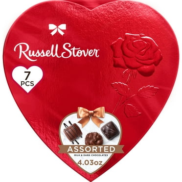 RUSSELL STOVER Valentine's Day Red Foil Heart Assorted Milk & Dark Chocolate Candy Gift Box, 4.03 oz. (7 Pieces)