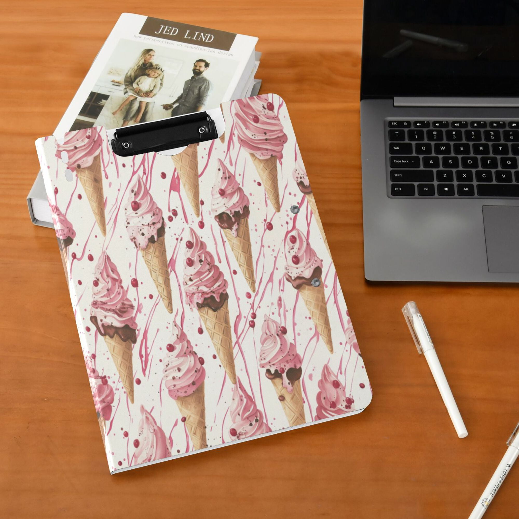 FORMRS A4 Clipboard Folder with Pen Holder Horizontal Foldable School Office Binder, Pink Ice Cream Pattern