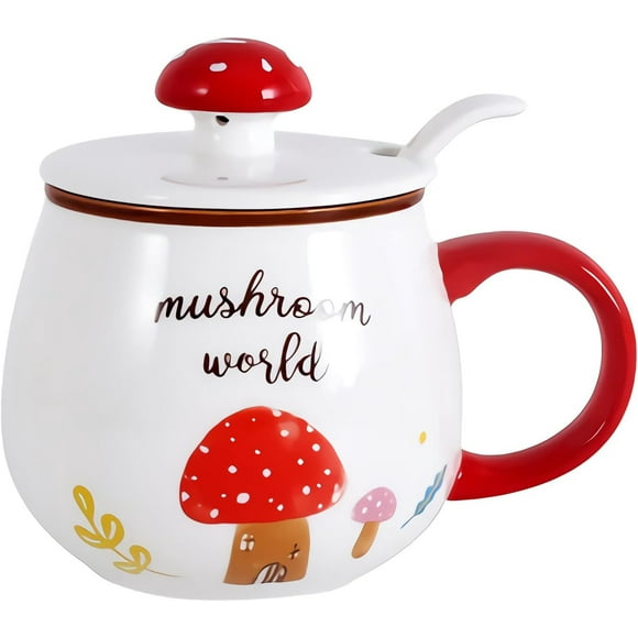 13.5oz Mushroom Mug Ceramic Tea Cup Cute Coffee Mug with Lid Spoon for Girl Kids Women Gifts (Red)