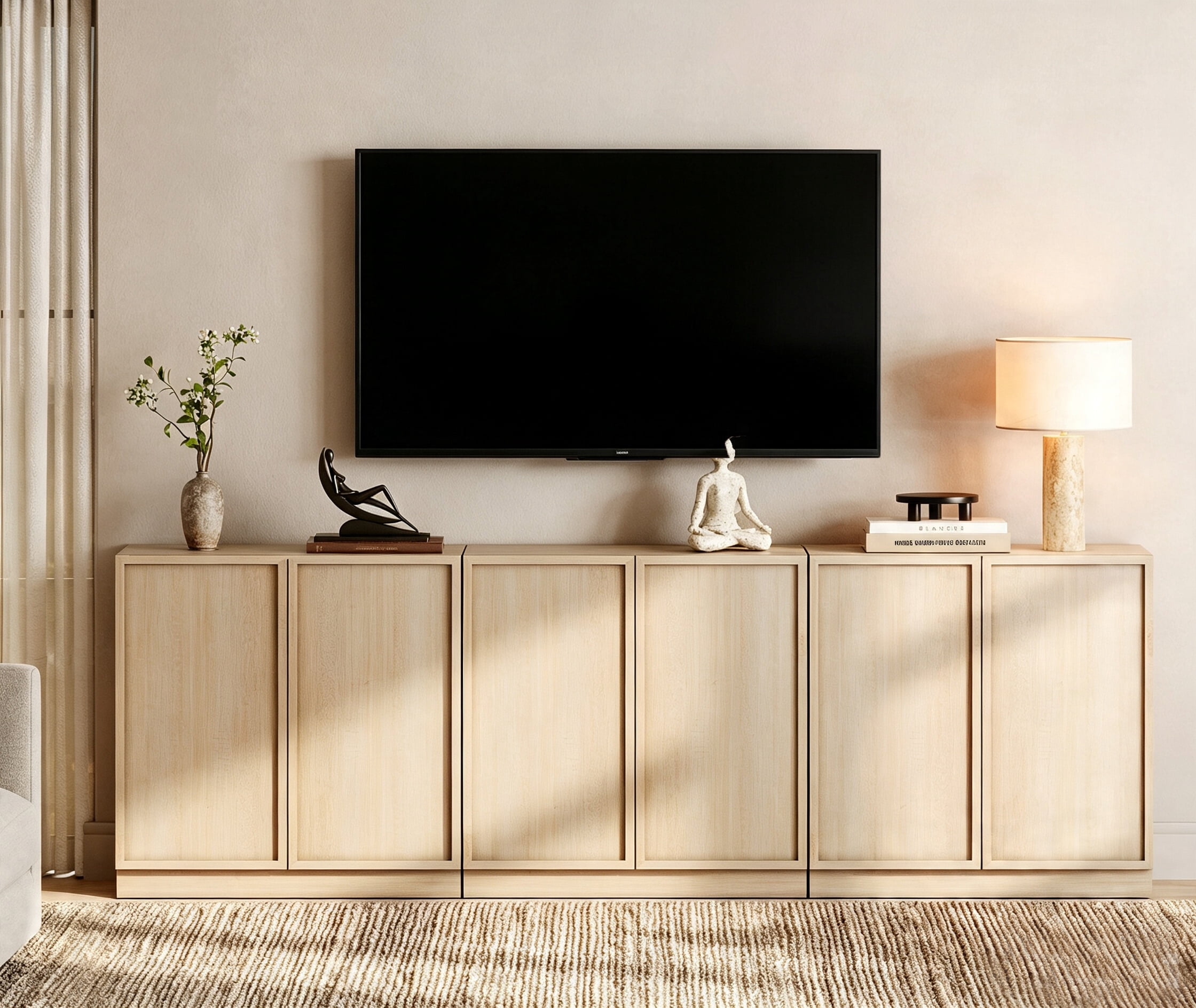 WAMPAT Modern TV Stand for TVs Up to 100", 3-in-1 Entertainment Center TV Console with 6 Doors and Adjustable Shelf, Wooden Media Console Cabinet for Living Room, Bedroom, Beige