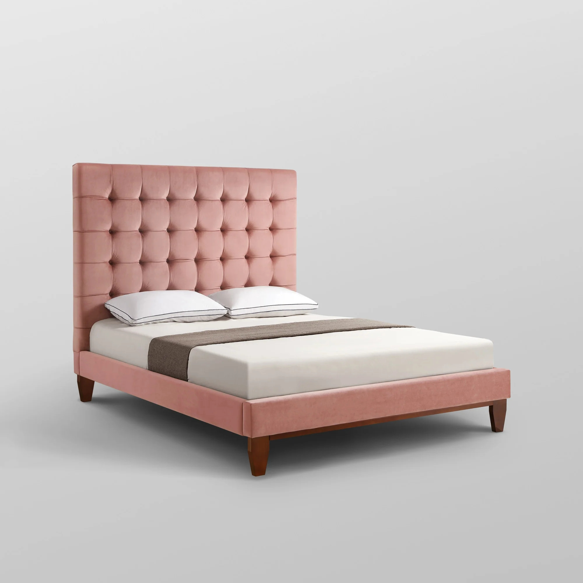 HomeRoots Light Gray Solid Wood Full Tufted Upholstered Linen Bed