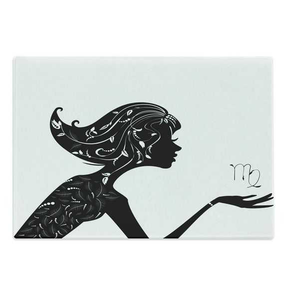 Zodiac Virgo Cutting Board, Beauty of Horoscope Themed Leafy Ornamental Girl Fantasy Fashion, Decorative Tempered Glass Cutting and Serving Board, in 3 Sizes, by Ambesonne