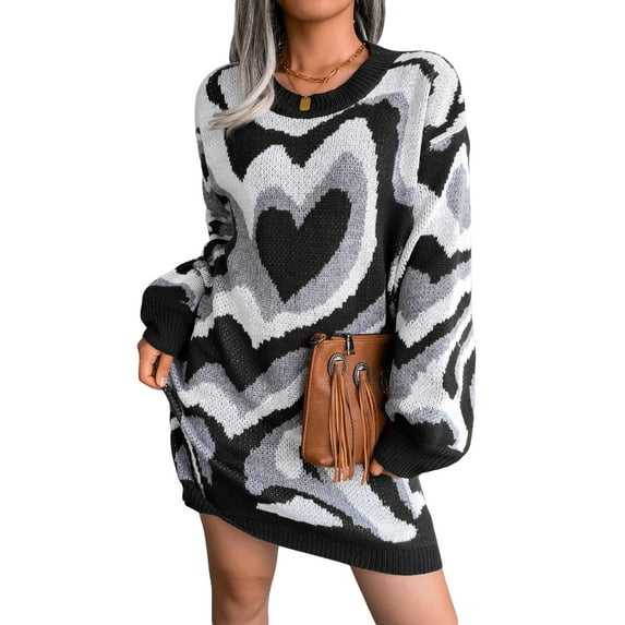 hirigin Women's Sweater Dress Layered Love Heart Long Sleeve Crew Neck Knitted Spring Dress, Ladies Casual Fall/Winter Knitwear One-Piece