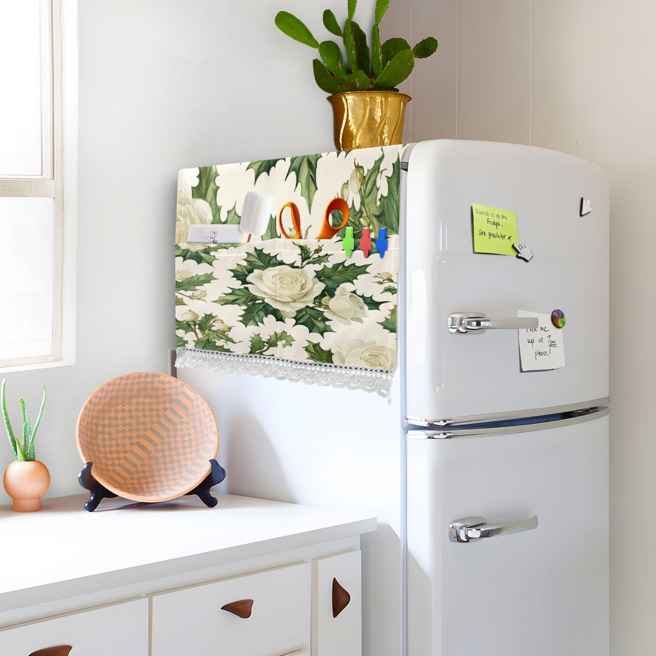 White Roses and Holly LeavesWasher and Dryer Covers Dust-Proof and Oil Resistant Fridge Cover with 4 Storage Pockets Washing Machine Top Cover for Laundry Kitchen Home 51.2 x 22 In
