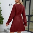thumbnail image 4 of VSSSJ Women Spring Summer Long Sleeve Solid Color V-Neck Pleated Short Dresses Tie Waist Casual Cocktail Party Elegant Mini Dress, 4 of 6