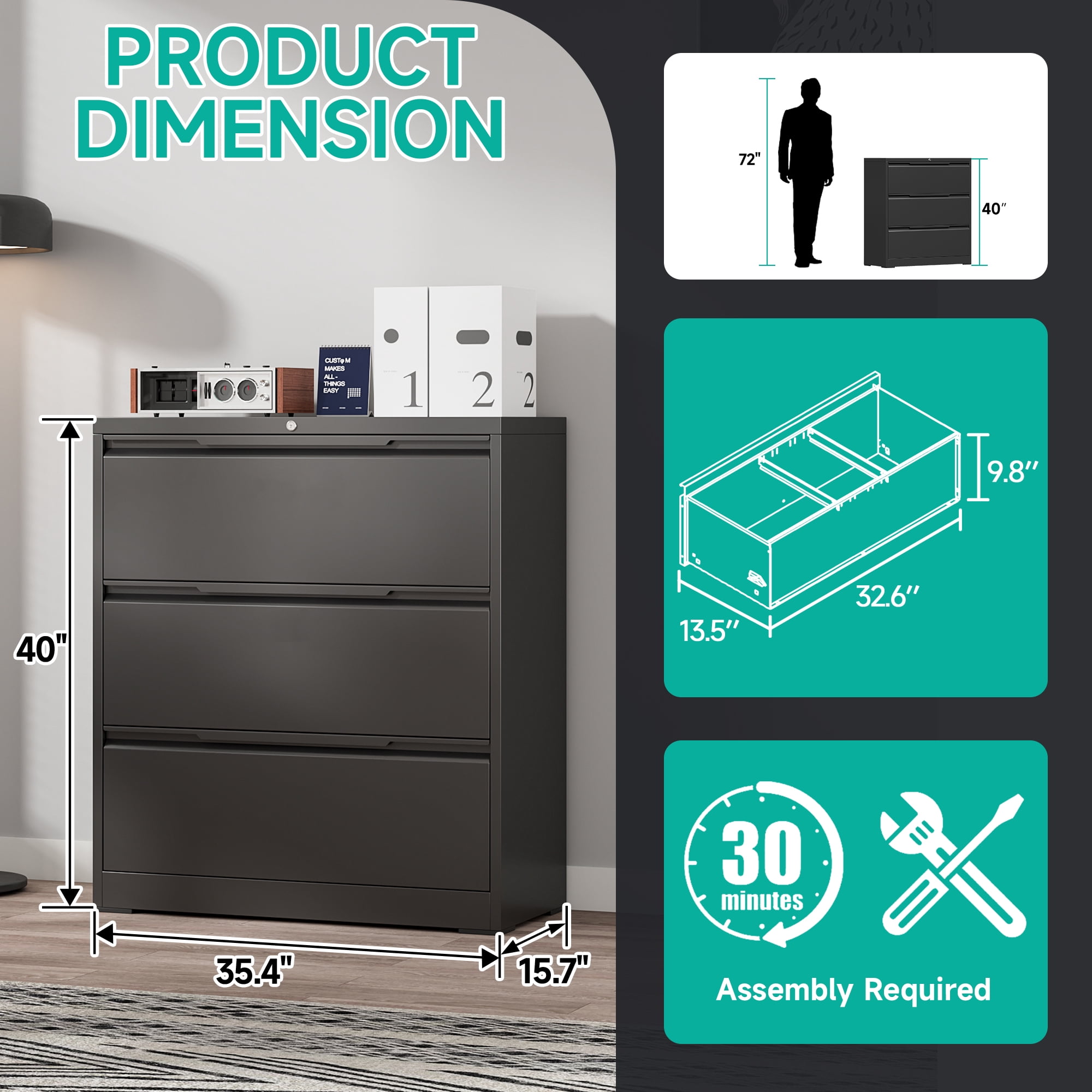 Lateral File Cabinet, 3 Drawer File Cabinet with Lock, Wide Filing Cabinet for Home Office, Metal Locking Cabinet for Hanging A4/F4/Letter/Legal, Assembly Required (Black, 3 Drawer)