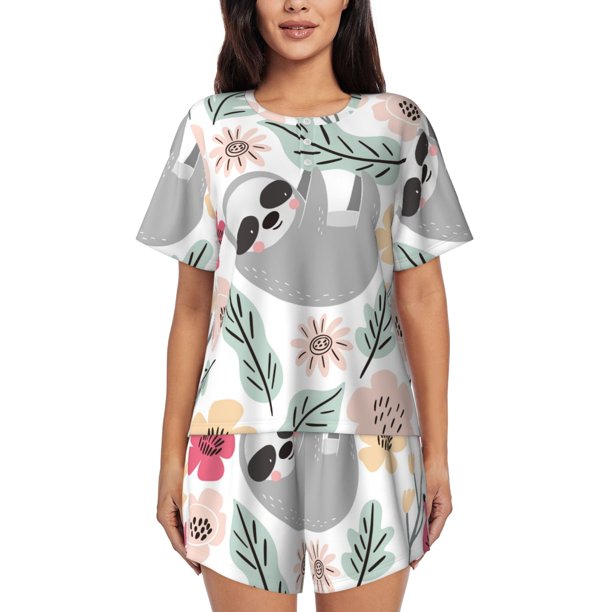 Balery Cute Cartoon Sloth Conjunto de Pijama para Mujer con Estampado, Dos Piezas de Manga Corta y Shorts, Ropa de Dormir Suave con Cuello Redondo y Bolsillos-4X-Large