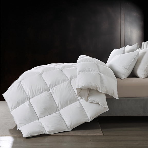 Luxurious Goose Feathers Down Comforter Queen Size All Seasons Duvet Insert, 750 Fill Power Fluffy Medium Warmth, Ultra Soft 100% Organic Cotton Cover (90 X 90 Inch)