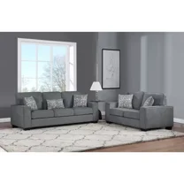 Living Room 2-Piece Sofa Set with Pillows, Fabric Upholstered Sofa and Loveseat, Square Armrest, Gray