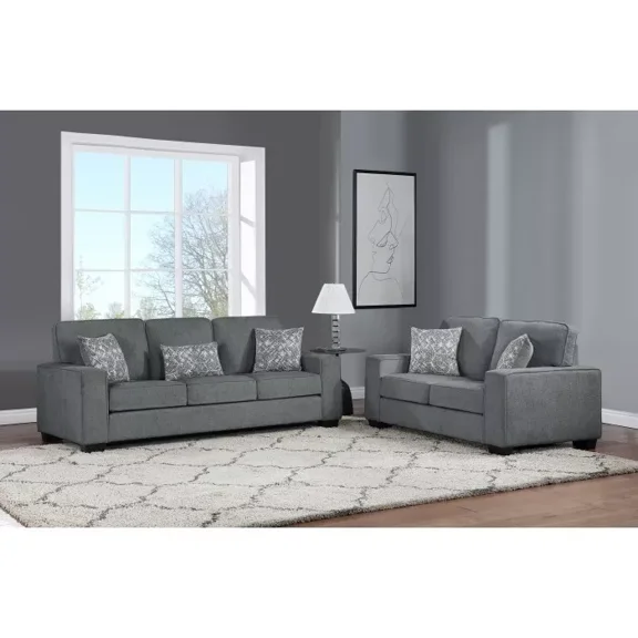 Living Room 2-Piece Sofa Set with Pillows, Fabric Upholstered Sofa and Loveseat, Square Armrest, Gray