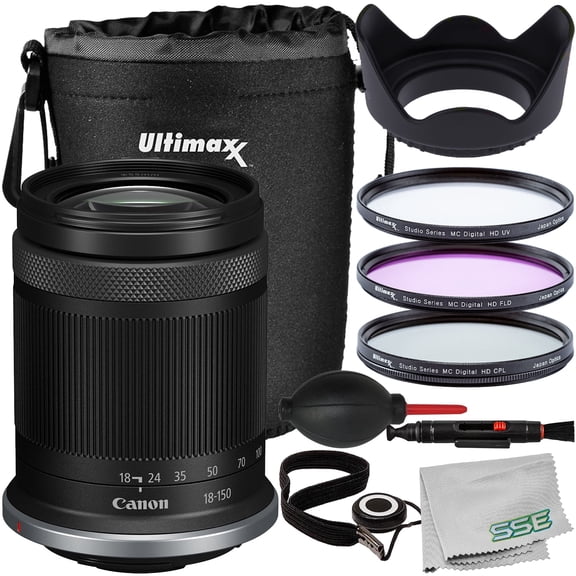 Ultimaxx Essential Canon RF-S 18-150mm Lens (International Model)  Bundle (White Box) - Includes: Water-Resistant Lens Pouch, 3PC Filter Kit (UV, CPL, FLD), Tulip Lens Hood & More (12pc Bundle)