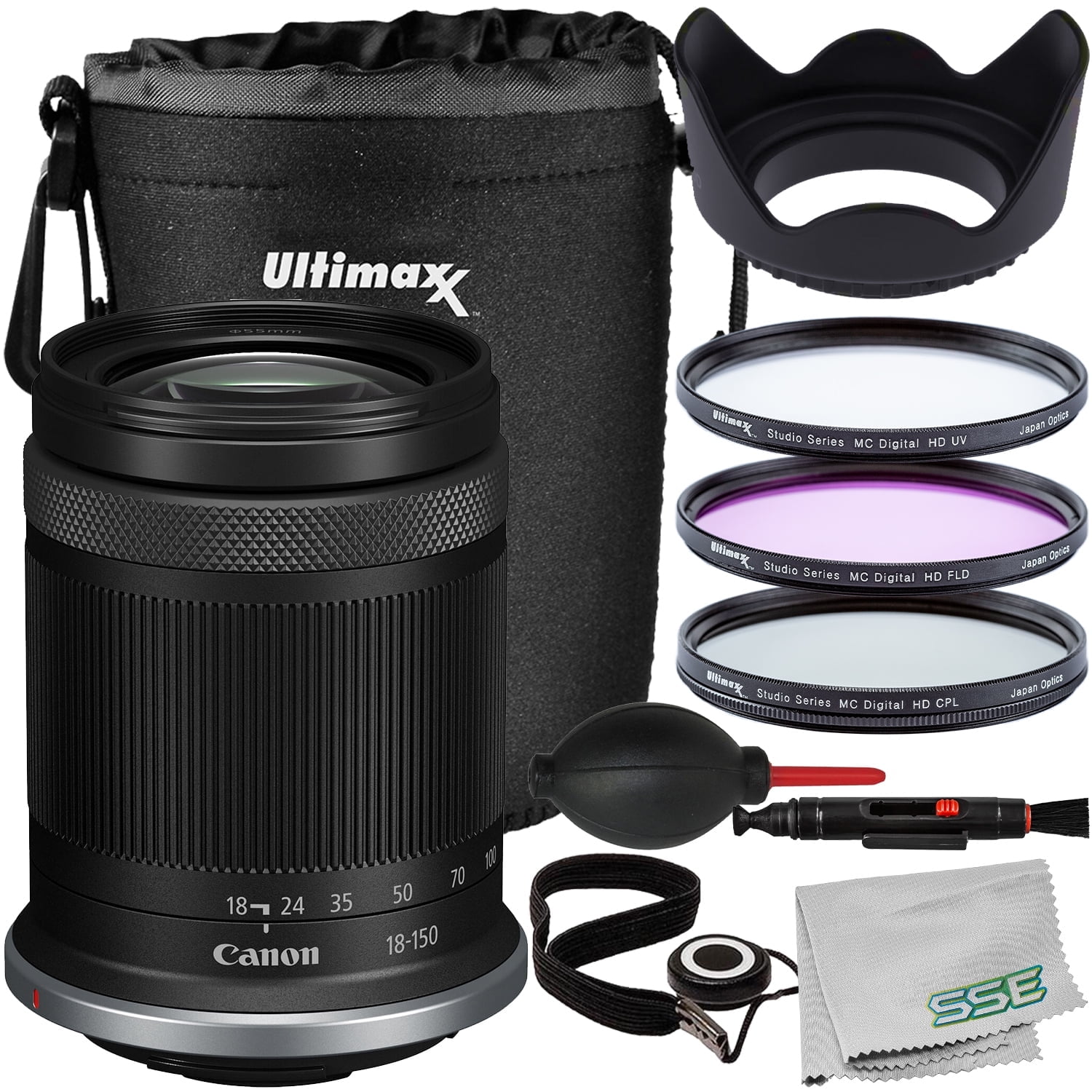Ultimaxx Essential Canon RF-S 18-150mm Lens (International Model) Bundle (White Box) - Includes: Water-Resistant Lens Pouch, 3PC Filter Kit (UV, CPL, FLD), Tulip Lens Hood & More (12pc Bundle)