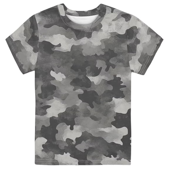 Bobifish Toddler Boys T‑Shirt Short Sleeve Crewneck Grey Tone Camouflage All Over Print Tee