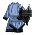 thumbnail image 3 of AWZXDE Women's Solid Color Lace Trim Robe Shorts Underwear 4 Piece Sleepwear Set Pajama Set Navy,L, 3 of 3