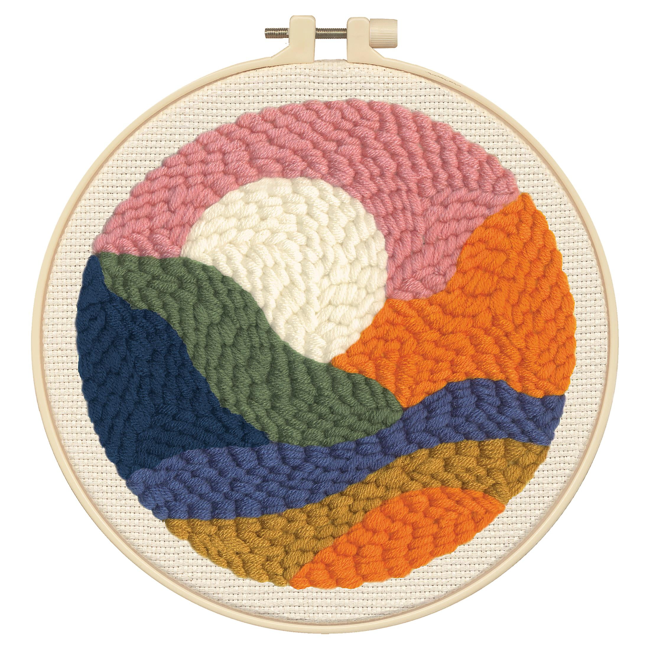Hillfolk Punch Needle Landscape Kit Includes A 8 Inch Plastic Hoop, Printed Fabric, Yarn, Punch Needle Tool And Instructions. Makes An 8 Inch Punch Needle Design.