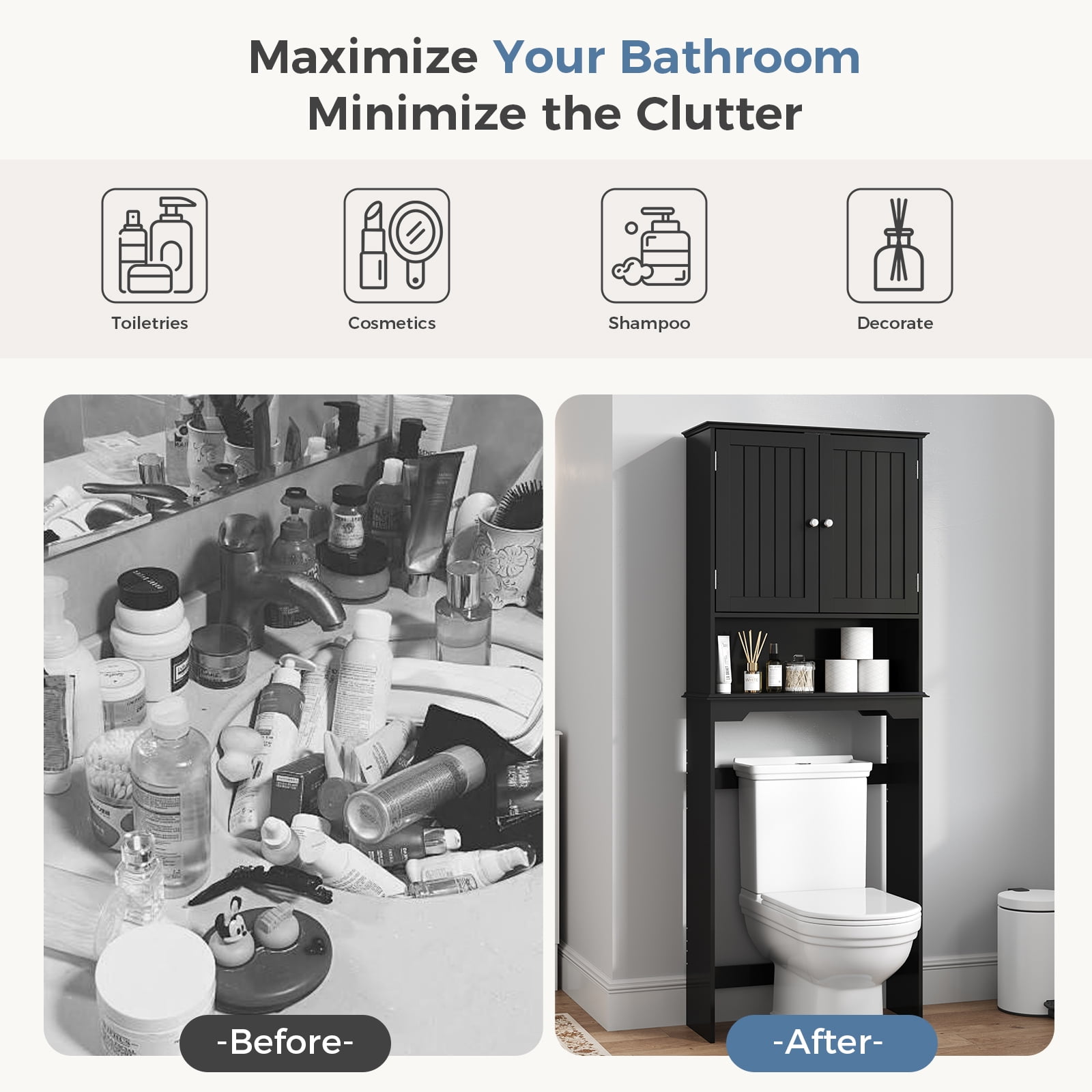 CONCETTA Black Over The Toilet Cabinet for Bathroom, Space Saver Storage with Quiet Magnetic Doors & Adjustable Bottom Stabilizer