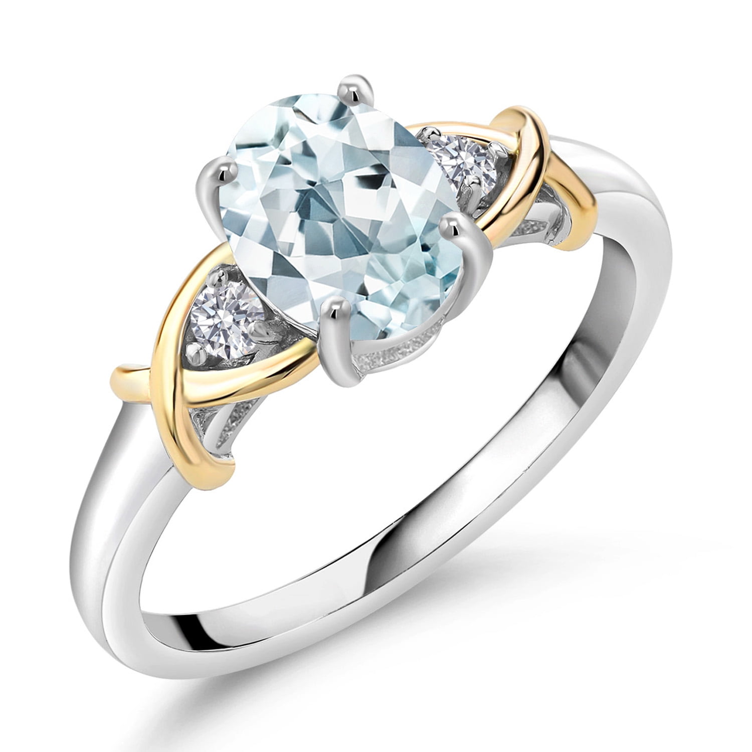 Gem Stone King 1.28 Cttw Sky Blue Aquamarine and White Lab Grown Diamond Ring for Women | 2 Tone 10K Yellow Gold and 925 Sterling Silver | Gemstone Birthstone | Available in Size 5, 6, 7, 8, 9
