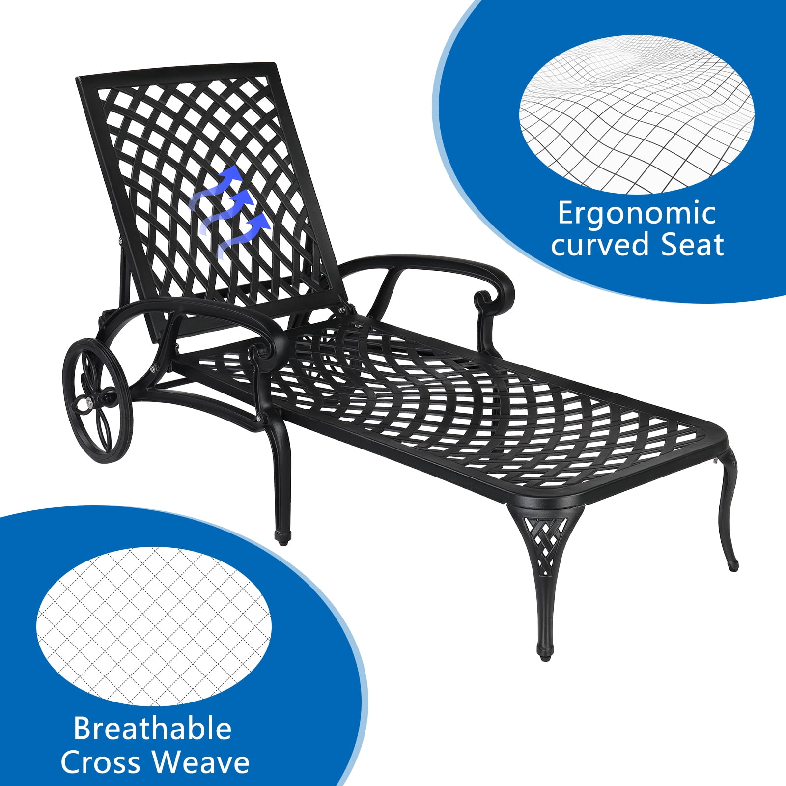 Ktaxon 2 Pack Outdoor Aluminum Lounge Chair Sunbed Lounge Chaise Chair w/ Adjustable Backrest for Patio Garden Poolside, Black