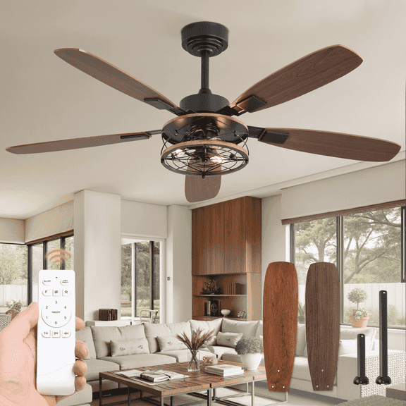 Zardon 52 Inch Farmhouse Ceiling Fan with Light and Remote Control, Quiet Reversible DC Motor, Closed Cage-like Shade, Dual-Finish Blades for Indoor
