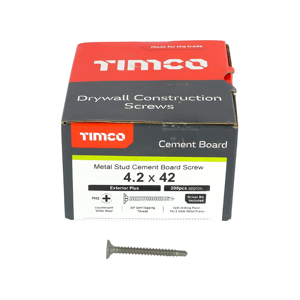 Timco - Drywall Construction Timber Stud Cement Board Screws - PH - Countersunk Wafer - Self-Drilling - Exterior - Silver Organic (Size 4.2 x 42 - 200 Pieces)